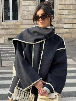 Loose Wool Coat with Scarf