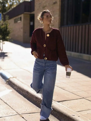 Dark Red Knitted Cardigan Breasted Sweater