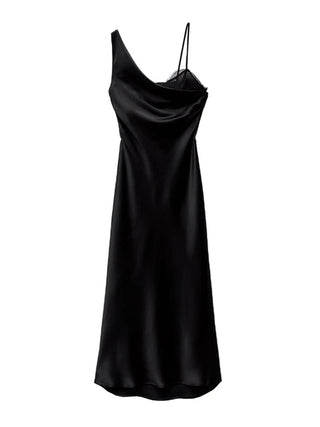 V-Neck Asymmetric Silk Satin Dress with Lace Trim