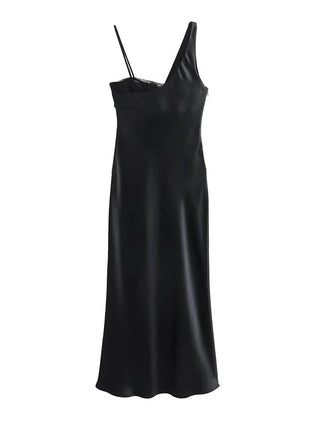 V-Neck Asymmetric Silk Satin Dress with Lace Trim