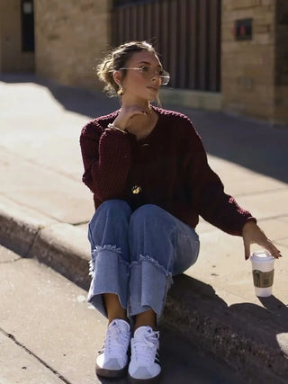 Dark Red Knitted Cardigan Breasted Sweater