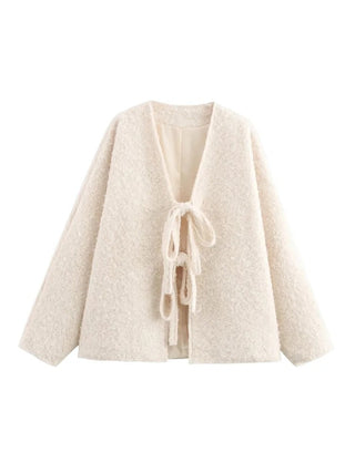 V-Neck Cardigan Retro Mao Mao Jacket with Bow Tie Design