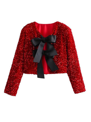 Long Sleeve Sequin Bow Tie Jacket